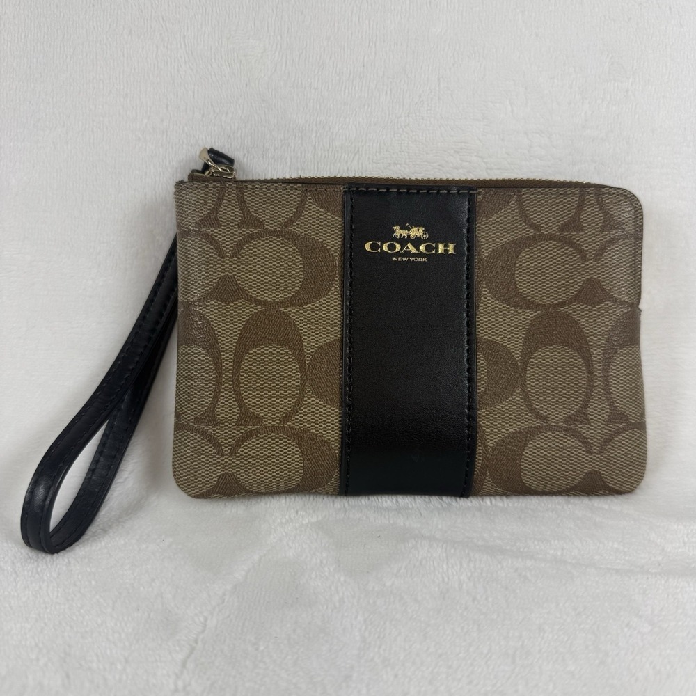 Coach Corner Zip Wristlet Wallet Brown Black Signature Print Card Slots Luxury